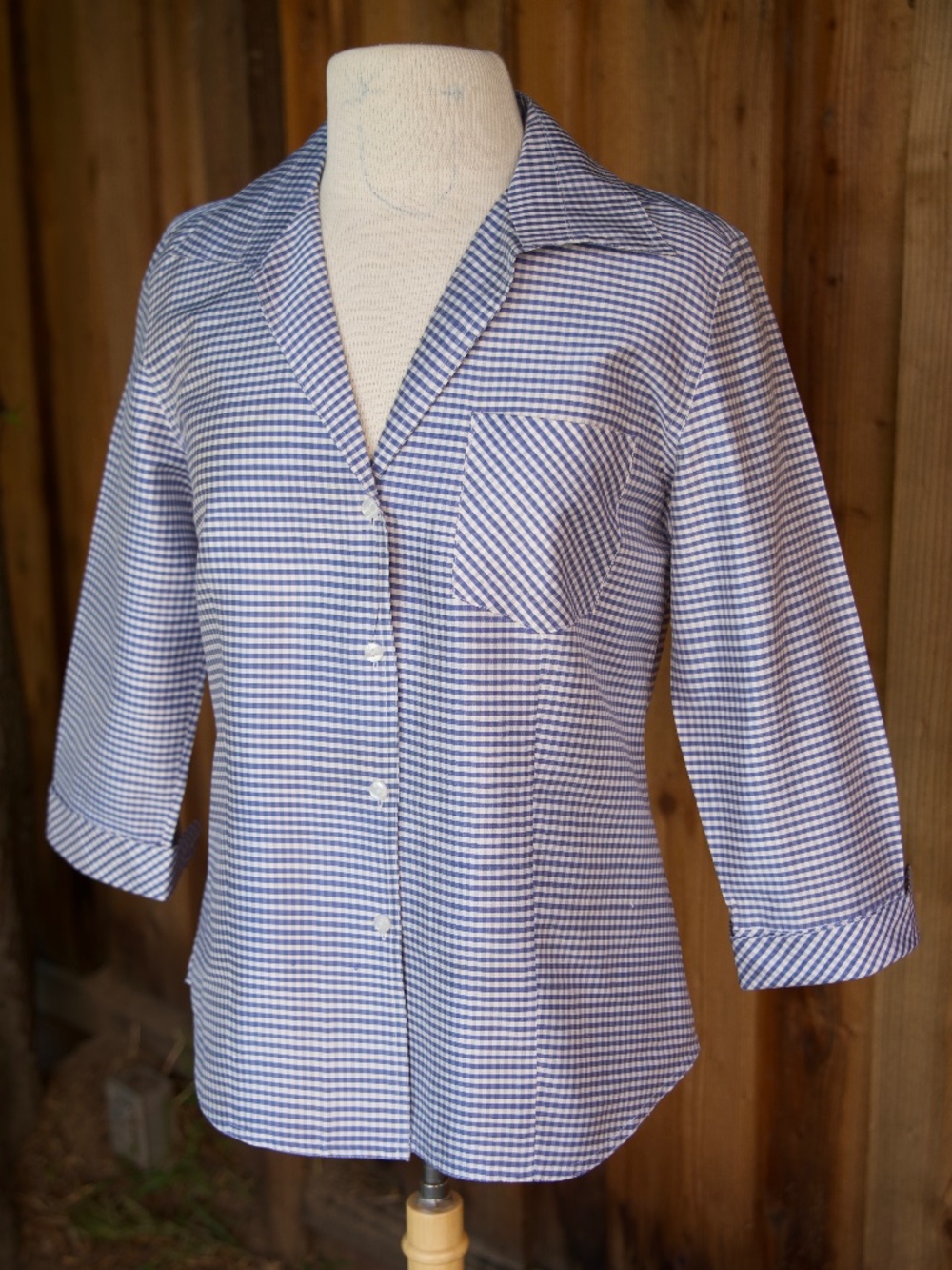 Vintage Adrianne Vittadini 100% Silk Blue & White Gingham Print Blouse Woman's 6